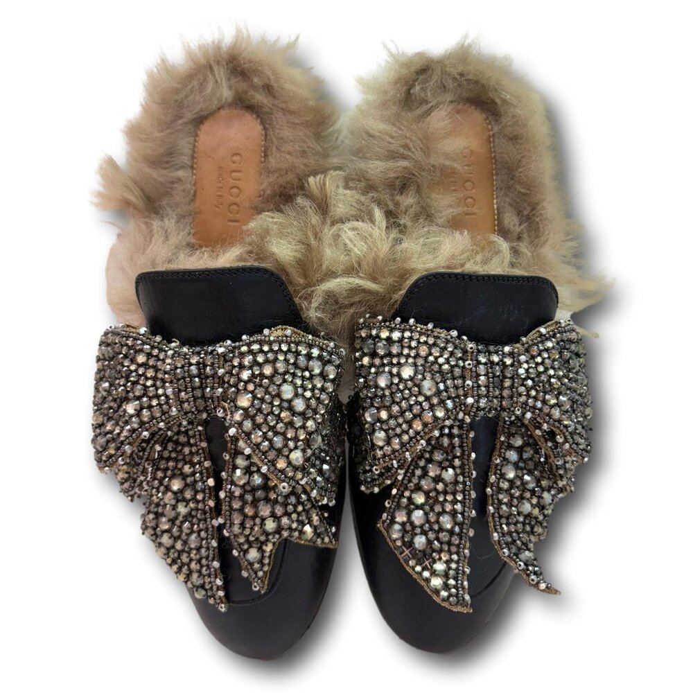 Gucci Princetown Fur Lined Crystal Bow Mule Slippers Black Leather Size 36 6